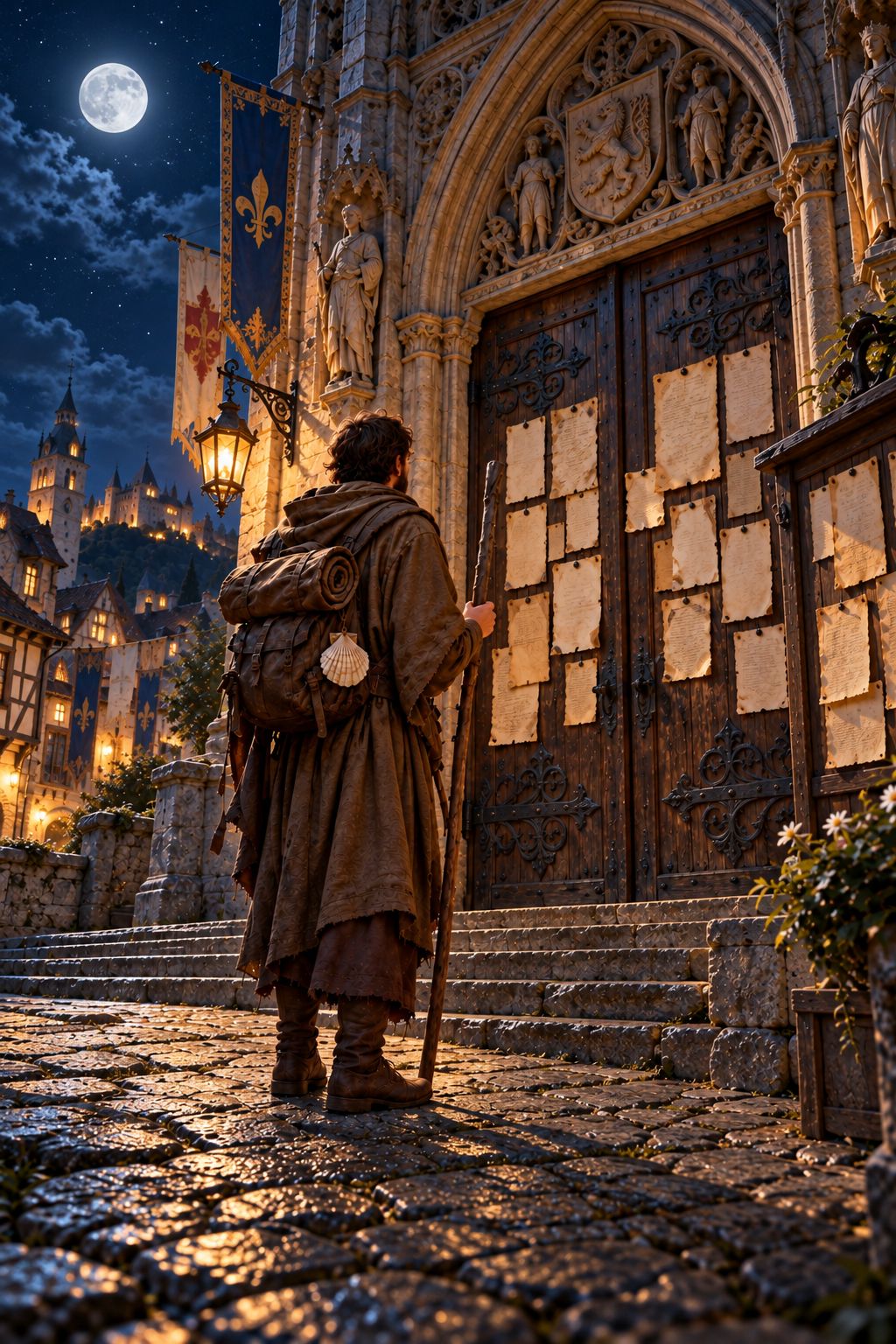 The pilgrim before the great closed wooden gate of an old town hall, many blank sheets of paper nailed to it
