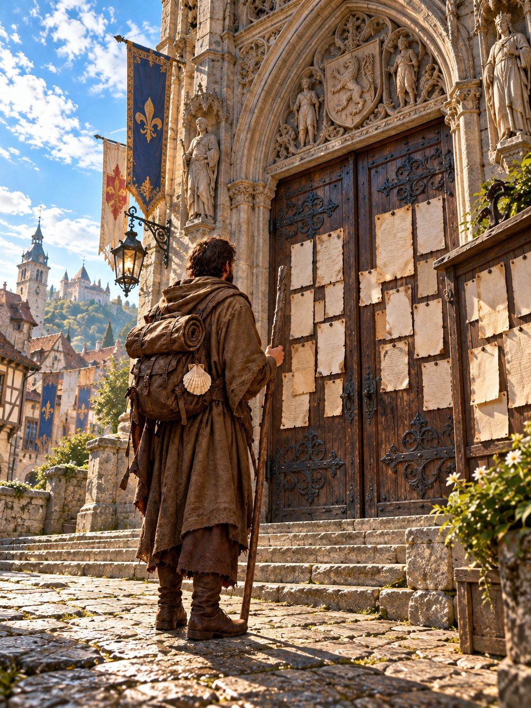 The pilgrim before the town hall gate in daylight